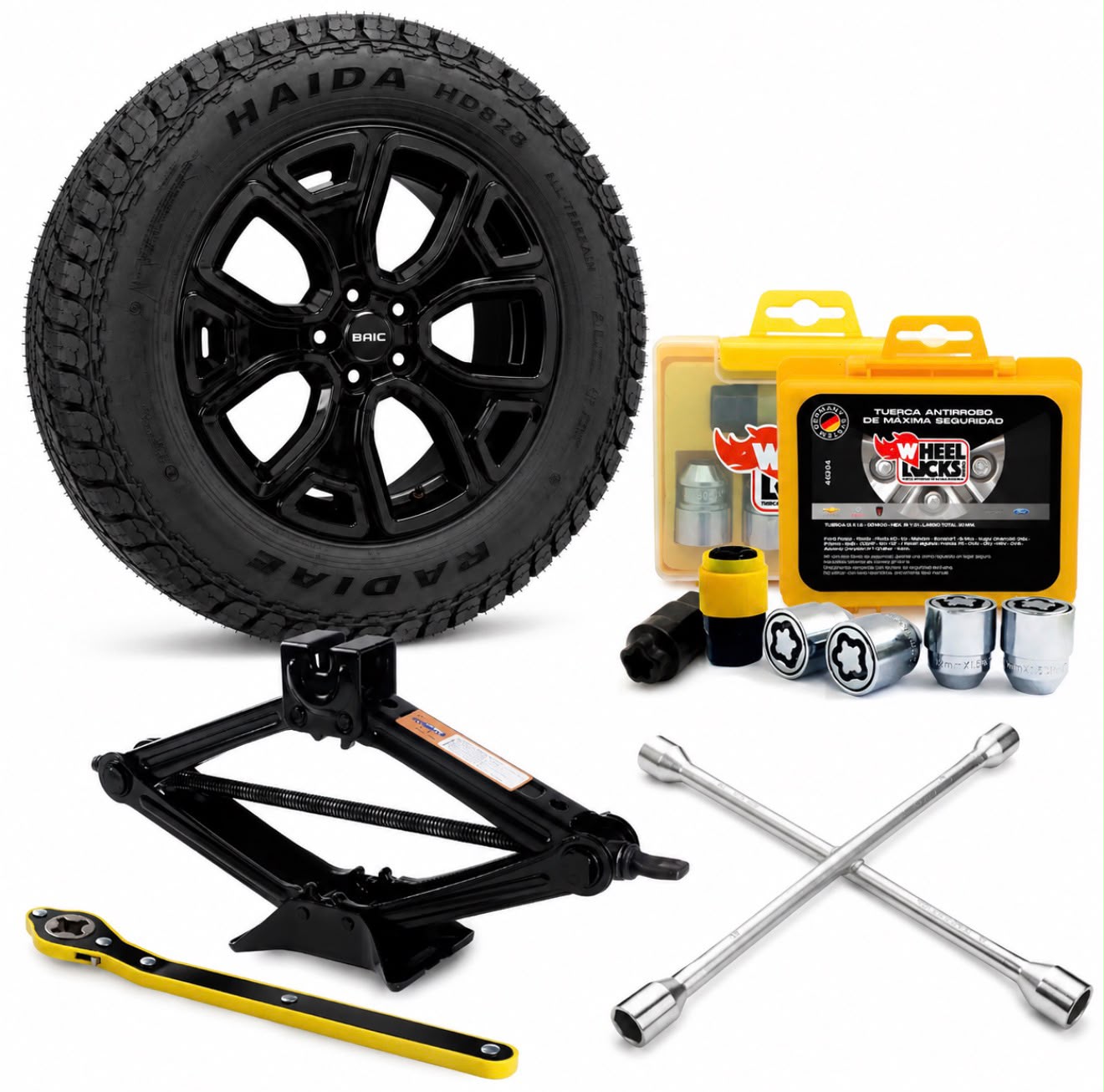 Kit Rueda Auxilio Baic R18 + Crique + Llave Cruz Guardian